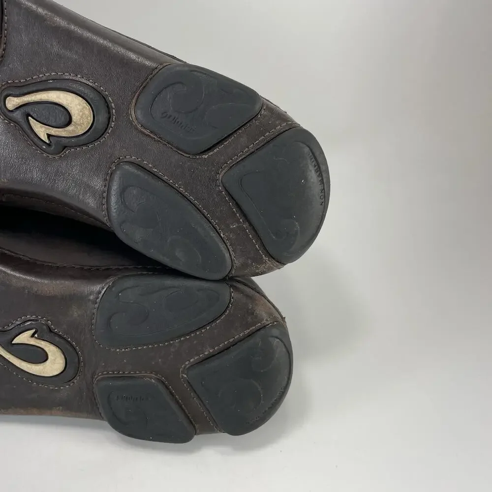 OluKai Moloa Dark Wood Leather Loafers Slip On Casual Shoes Mens Size 8 Hawaiian